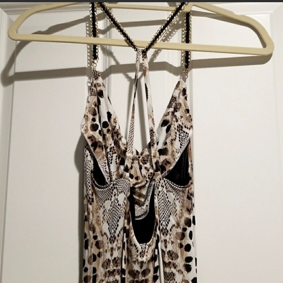 Bebe Snake Skin Print Mini Dress with Gold Chain Criss Cross Straps Cowl Neck - Picture 8 of 11